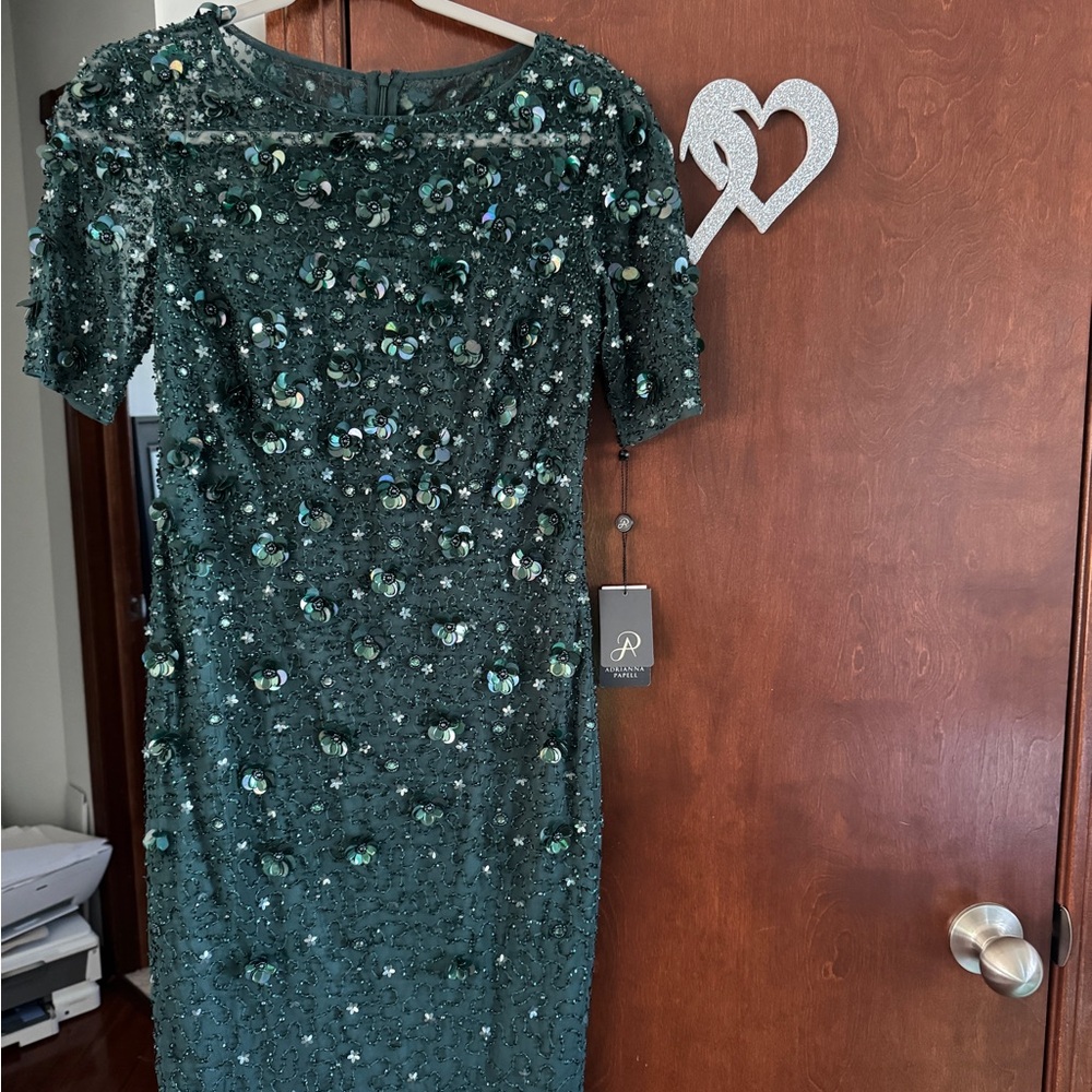 Adrianna Papell Green Sequin Sheath Midi Dress